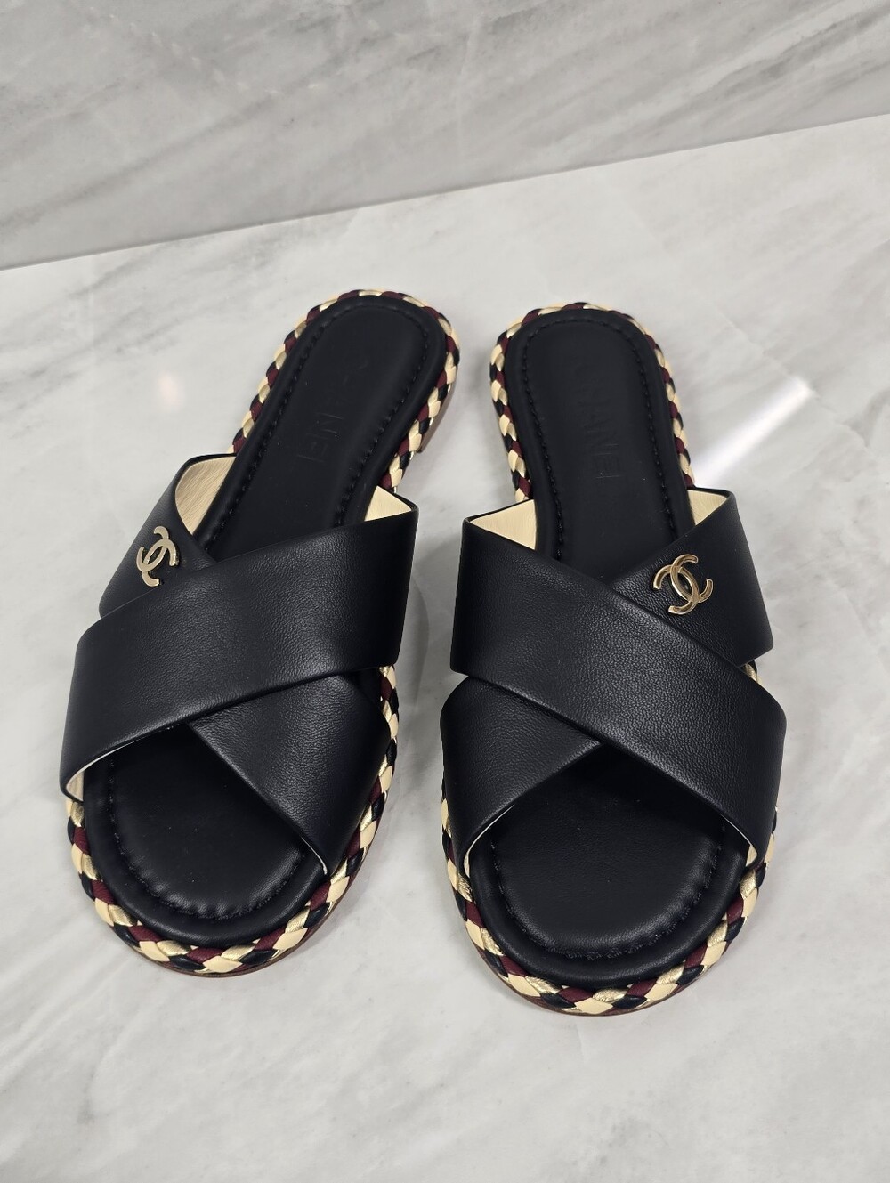 CHANEL Black Leather Crossband Slide Sandals